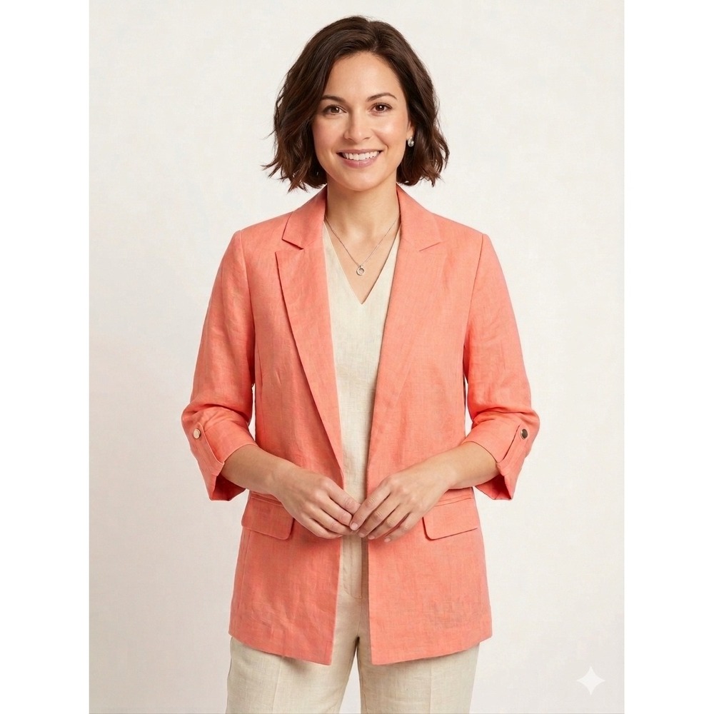 New‎ Saks Fifth Ave Blazer XS 100% Linen 3/4 Sleeve Open Front Jacket Travel NWT